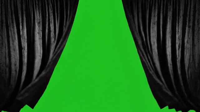 Black curtains open reveal green screen ready for custom content