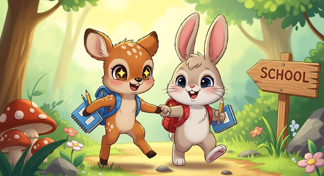 Cute Deer and Rabbit Going to School Cartoon Illustration with Backpacks and Books in Forest Education Theme