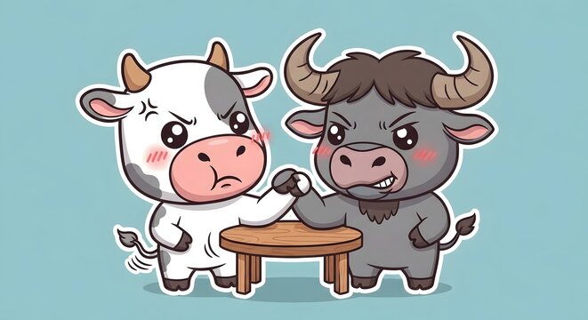Cute Cow and Buffalo Arm Wrestling Cartoon Illustration Funny Farm Animal Competition Character Design for Kids