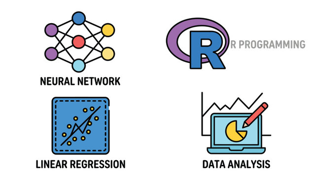 Vector graphic illustration of Programming and data analysis icons with neural network, R programming, Linux and graph Vector