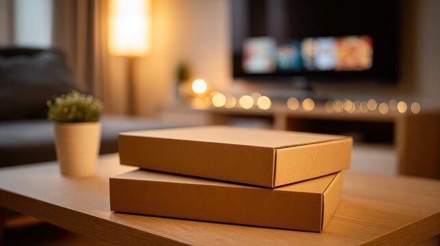 Two pizza boxes stacked on a coffee table in a cozy living room with a television in the background