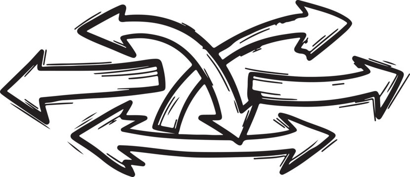 Intersecting arrows showing multiple directions with abstract background line art hand drawn direction confusion decision abstract multiple intersecting backward strategy guidance progress