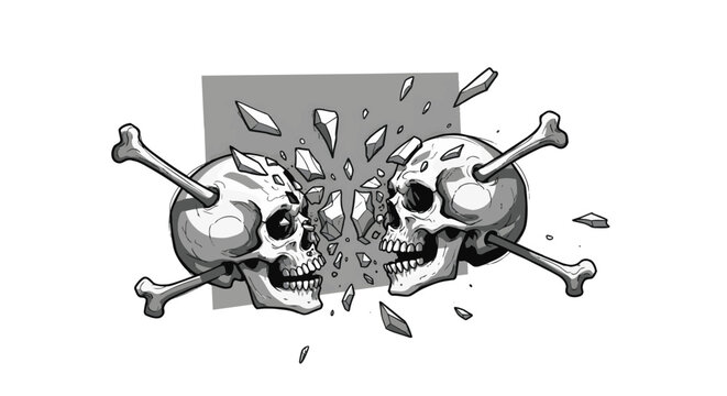 Black and white illustration of a skull and crossbones with an explosive burst behind it, symbolizing danger or warning.