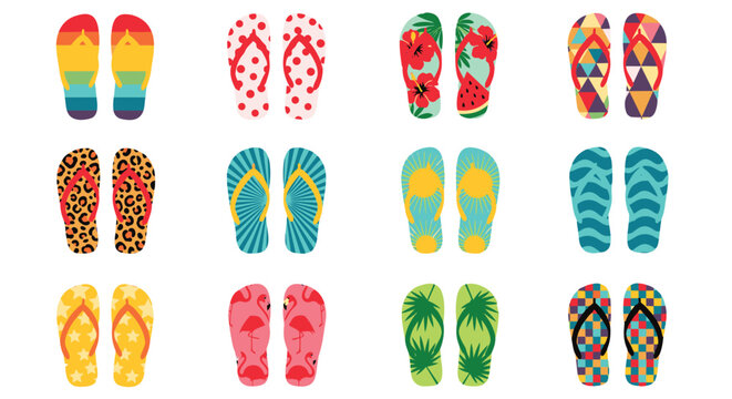 Collection of vibrant flip flops showcasing different colors and patterns for casual summer footwear.