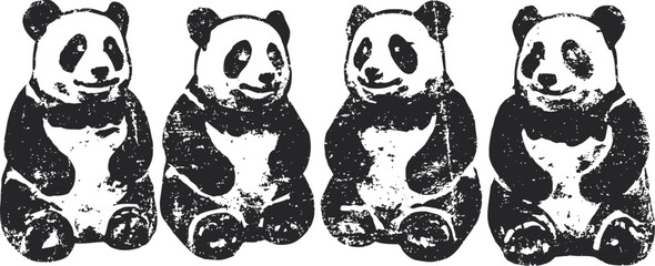 Obraz premium Four sitting pandas illustration with textured black and white design