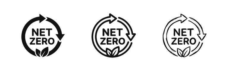 Net Zero Emissions Icon Set with Circular Arrows and Green Leaves for Environment © drawing lines