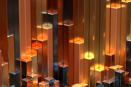 Glowing copper voxel towers futuristic 3D illustration