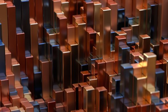 Dark copper voxel canyon with glowing lights 3D illustration