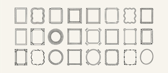 Obraz premium Hand drawn line frames, cute doodle borders with wavy lines and swirls. Rectangular shapes with scribbled edges or zigzag lines, minimalist outline decorative frame vector design element set
