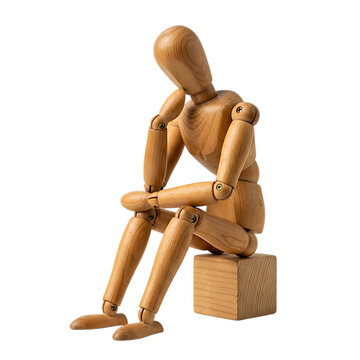 Wooden mannequin sitting and thinking in a sad pose