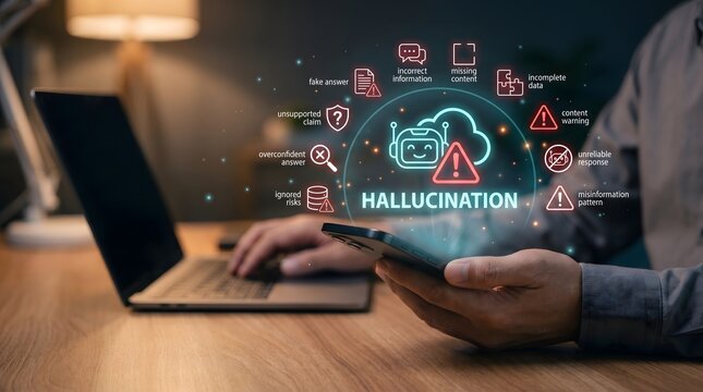 Man Analyzing AI Hallucination and Misinformation Warning Dashboard