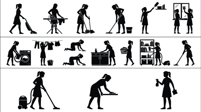 House Cleaning Silhouettes Collection Featuring Women Vacuuming Washing Dusting and Household Chore Vector Set