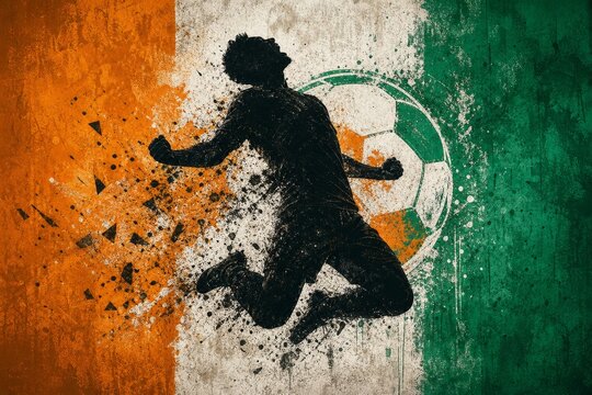 Ivory Coast national football team wallpaper, banner, poster, background. Ivory Coast soccer player silhouette celebrating victory against a grunge national flag.