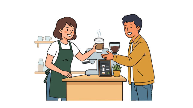 Barista serving coffee to customer at counter with espresso machine and tablet for ordering and payment