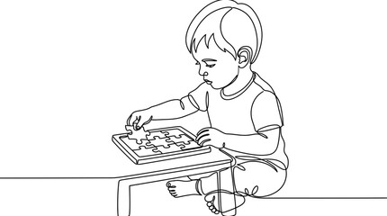 Continuous one line drawing of a little boy playing with a jigsaw puzzle. © anto