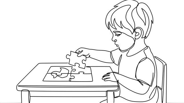 A young boy engaged in solving a jigsaw puzzle at a table.