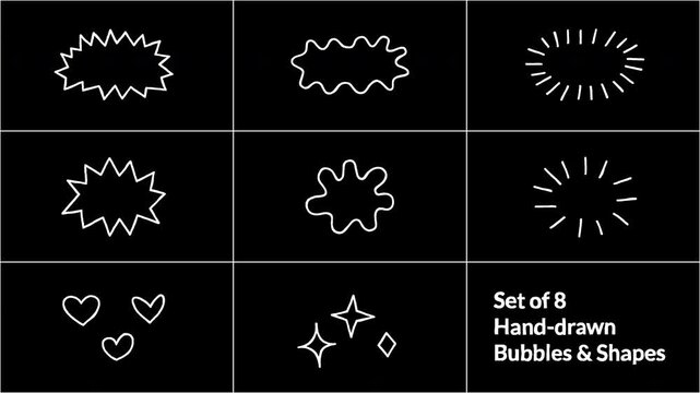 Set of 8 hand drawn bubbles and shapes, sketchy scribble style animation