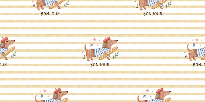 Seamless watercolor pattern with cute French dachshund carrying bread. Striped background Paris pup in beret holding fresh baguette.Bonjour dog illustration for kids fabric and bakery wallpaper.