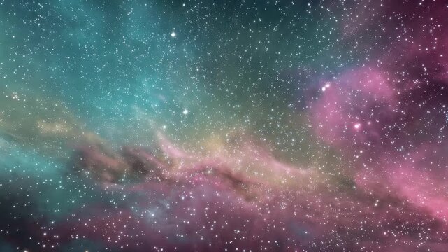 Stars fill the night sky above a colorful nebula with shades of green, blue, and pink in a galaxy far from Earth during a cosmic event