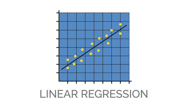 Vector graphic illustration of Linear regression graph with yellow dots and blue grid Vector