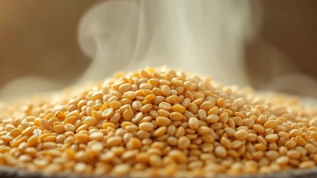 Heap of yellow lentils with steam rising, close-up shot.