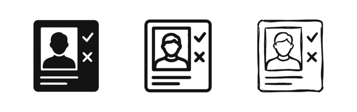 Profile verification and candidate screening icons set with check and cross marks.