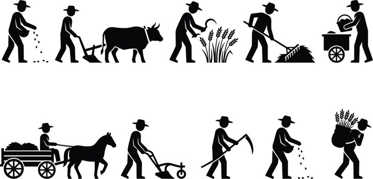 Farmers working in agriculture field with animals and tools
