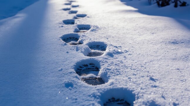 Footprints trace a snowy winter path. Soft sunlight creates blue shadows on fresh white snow. A solitary journey through a peaceful, frozen landscape.