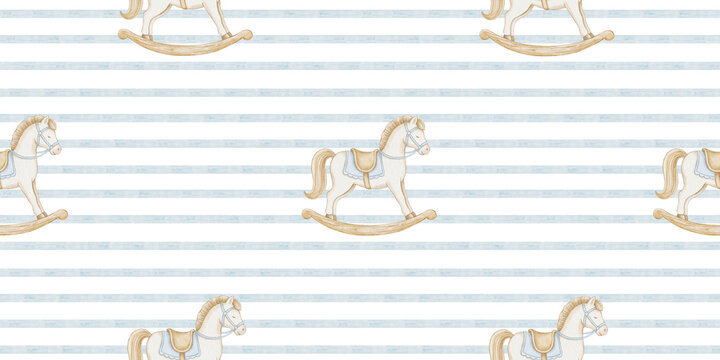 Nursery wallpaper with classic watercolor rocking horse toy. Cute blue striped seamless pattern for baby boy textile design. Vintage childhood background illustration.