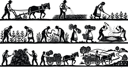 Fototapeta premium Farmers Working in Fields with Horses and Carts Agriculture