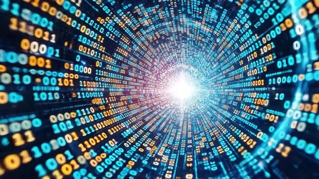 Abstract tunnel of binary code with digital flow and light.