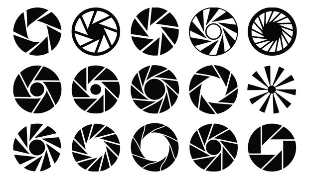 Photo camera lens diaphragm icon set featuring shutter aperture symbols, photography vector illustration