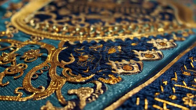 Colorful textile with intricate embroidery patterns showcasing Arabic calligraphy and designs in different threads