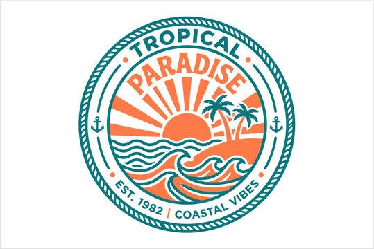 Vintage tropical paradise coastal vibes established 1982 round badge logo featuring sunset sunburst rays anchor icon and ocean waves