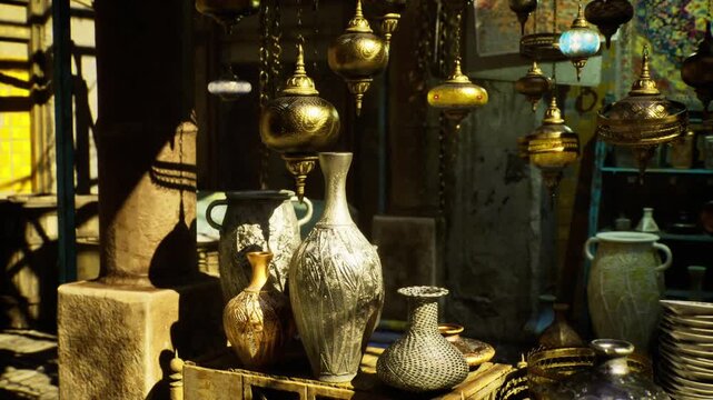 Brass vessels and hanging lamps drenched in warm egyptian sunlight, intricate hammered surfaces, assortment of pitchers and urns on wooden crates, golden