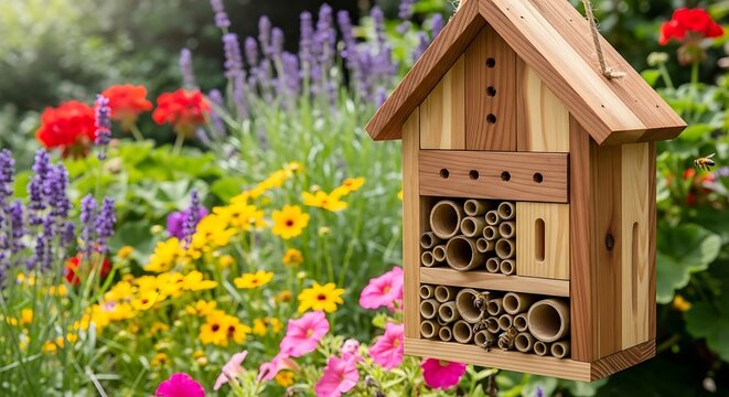 Wooden insect hotel house for bees and bugs standing in a colorful flower garden in the summer sun. bee nesting box