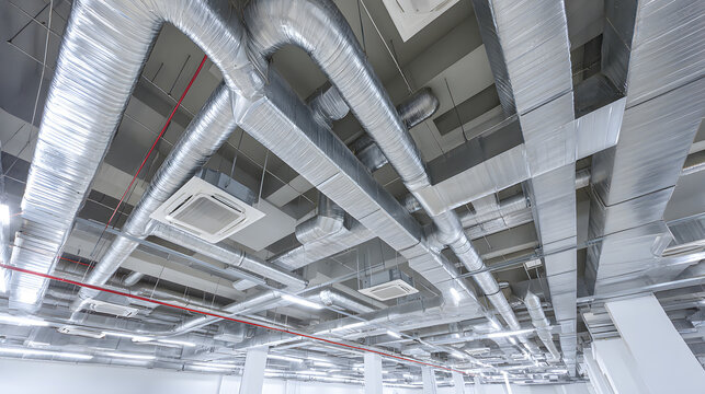 The installation of an industrial HVAC system with a number of large rectangular ducts and pipes on the ceiling is necessary for the ventilation and climate control of a modern building interior.