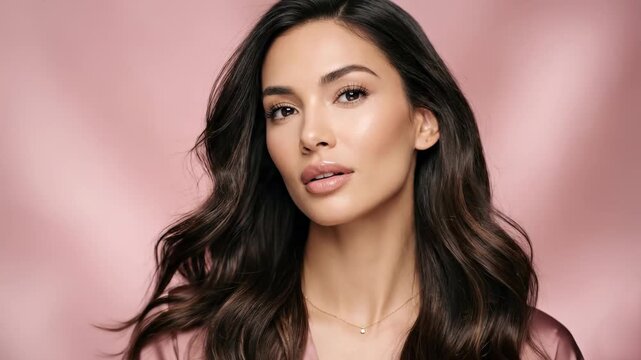 A stunning portrait of a gorgeous brunette woman with long dark wavy hair looking directly into the camera with a subtle expression, set against a smooth pink studio backdrop. Great for hair care prod