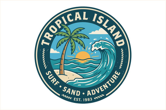 Vintage tropical island surf sand adventure established 1983 round emblem logo with huge curling ocean wave and palm tree