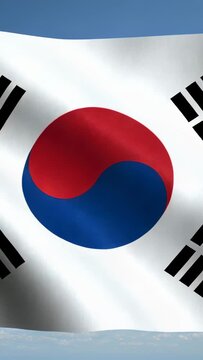 Vertical video: Waving Korean flag rippling in breeze outside, revealing Taeguk symbol and trigrams