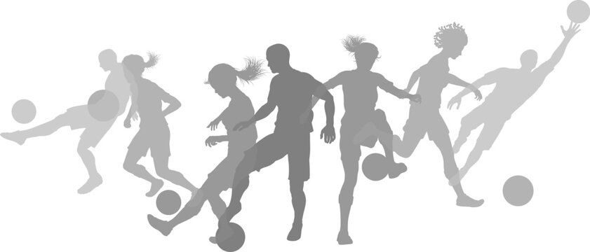 Silhouette soccer football player set. Active sports people healthy players fitness silhouettes concept.