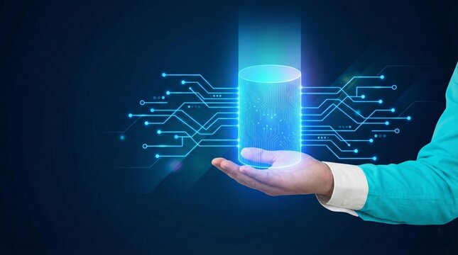 Businessman hand holding holographic database server. Concept of digital cloud infrastructure system for data storage migration and network technology management.