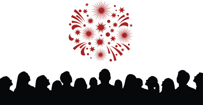 People watching colorful fireworks display at night Vector, illustration