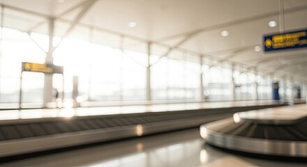 Obraz premium Blurred background of an empty airport baggage claim area with a carousel and large windows.