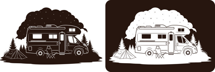 Black and white camping rv parked under a tree with tent Vector, illustration © Arafat