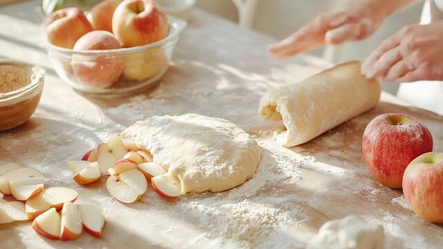 Baking apple pie: hands preparing dough with fresh apples in sunlit kitchen