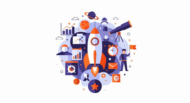 Business Startup Launch Concept with Rocket, Financial Data Charts and Space Exploration Icons in Flat Design Style
