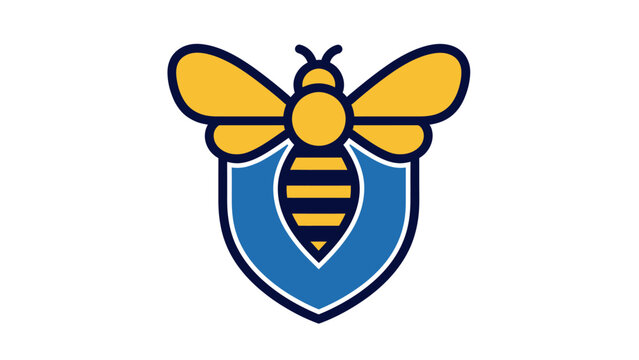 Stylized bee emblem with yellow wings and striped body on blue shield