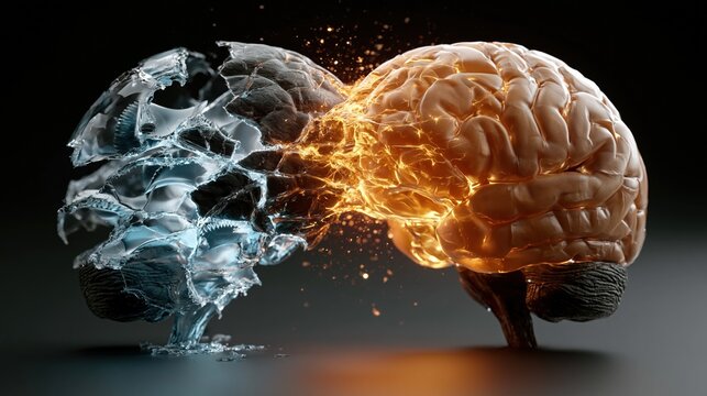 3D render of a perfectly detailed glass human brain sculpture floating in dark void, left hemisphere cracked and fractured with internal light leaking through fissures in cold blue