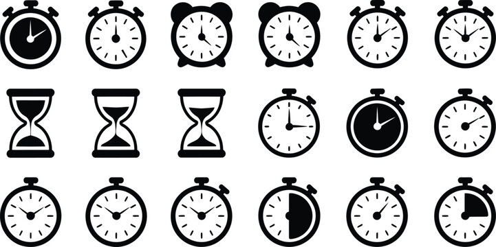 Clock and timer icon set vector illustration featuring stopwatch hourglass and alarm clock symbols for time management concept design